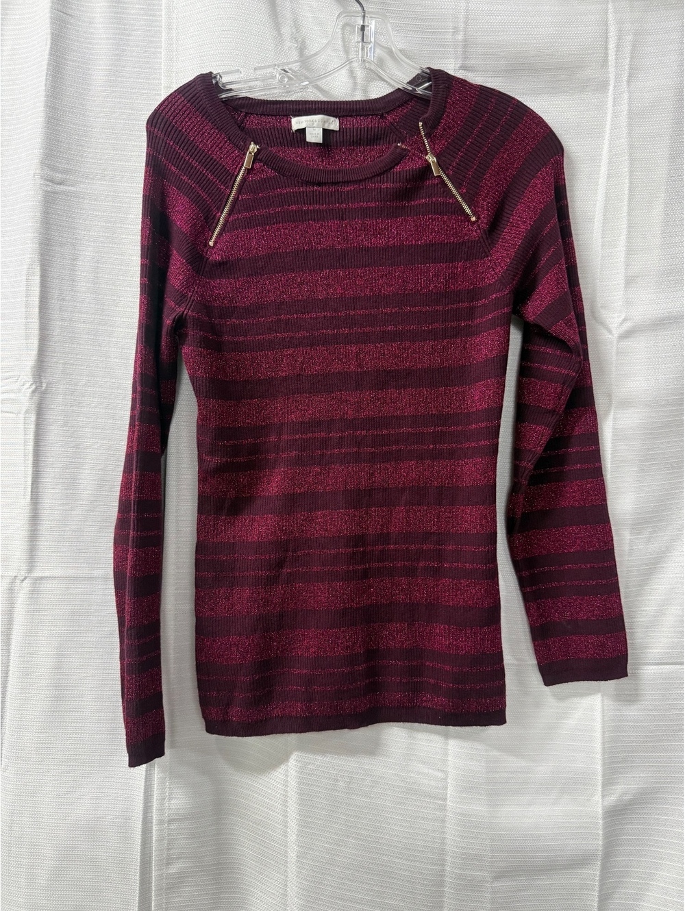New York & Company Women's Medium Burgundy Striped Pullover Sweater with Zipper